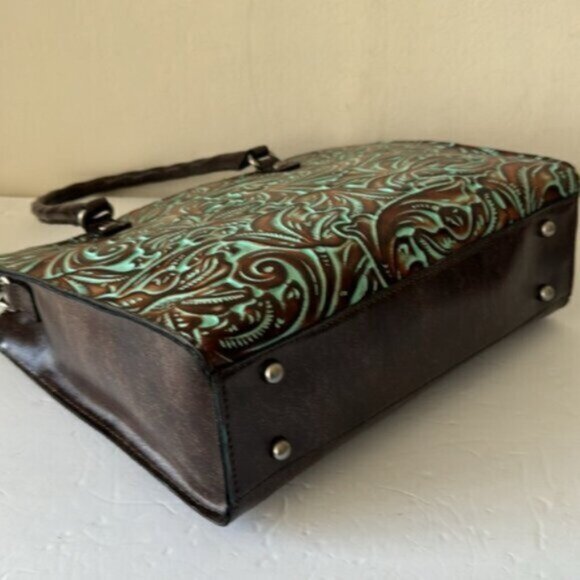 Patricia Nash Zancona Leather Front Tooled Turquoise Shoulder Handbag Xbody - Picture 10 of 12